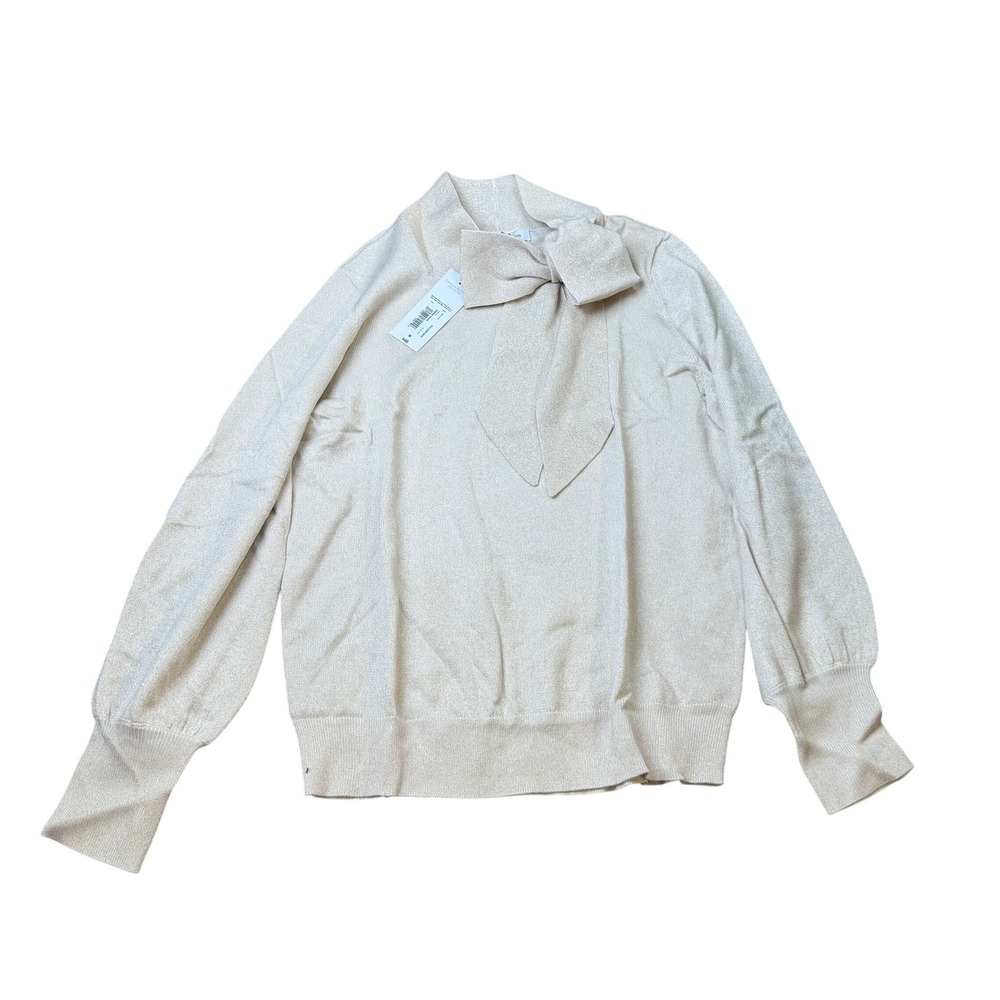 MSRP $48 Liz Claiborne Womens M Crema Shine Split Tie Neck Pullover Sweater